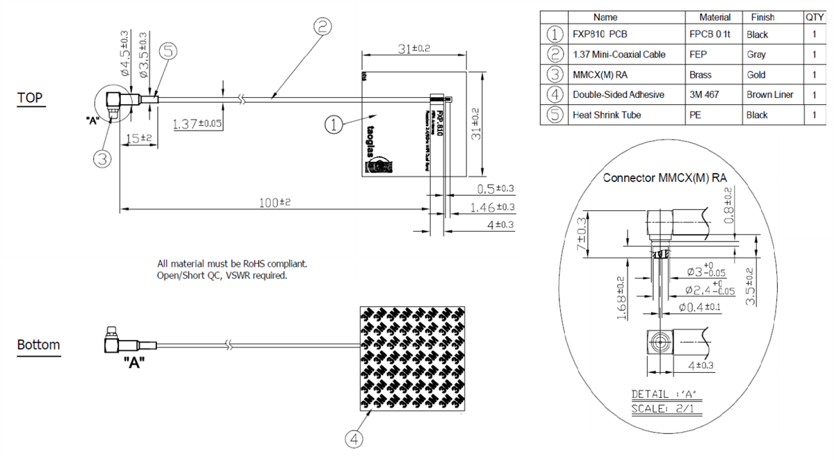 Mechanical Drawing - Taoglas FXP.810 Freedom Dual-band Antenna